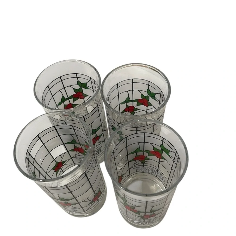 Coca Cola Frosted 6”X 2 3/4”Tumblers set of 4 Libbey Christmas Holly Berry 16 oz